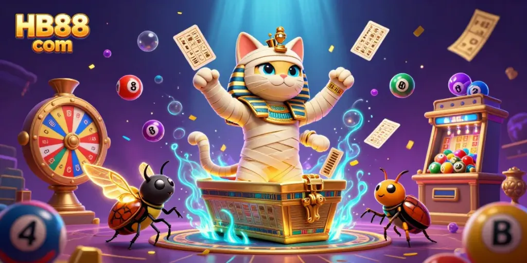 Experience thrilling gaming adventures at HB88 com with a vibrant, magical casino scene featuring a mummy cat and a beetle.