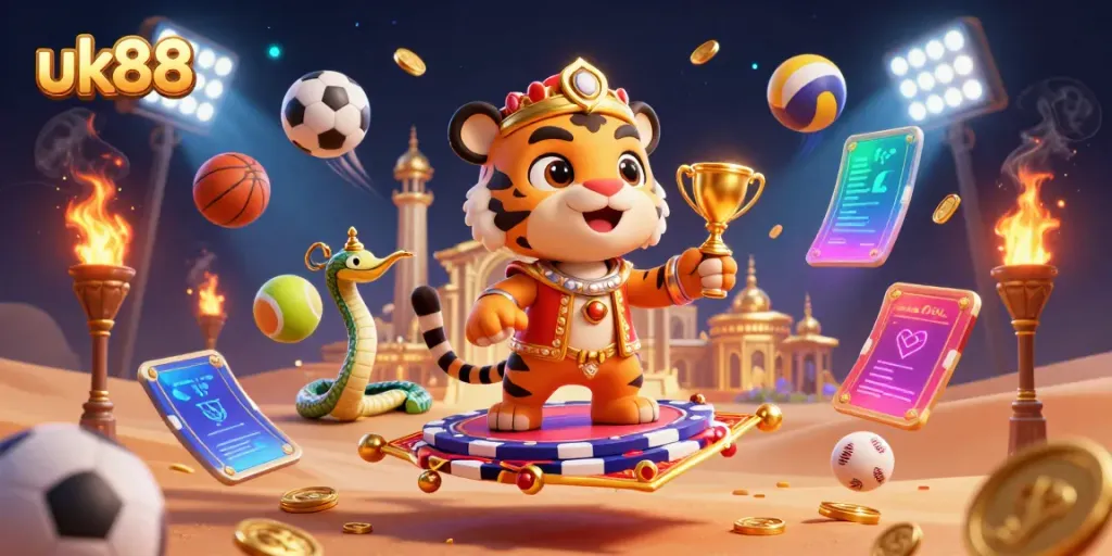 Experience the thrill of uk88 with a cartoon sultan on a poker chip carpet amidst dazzling gaming elements.