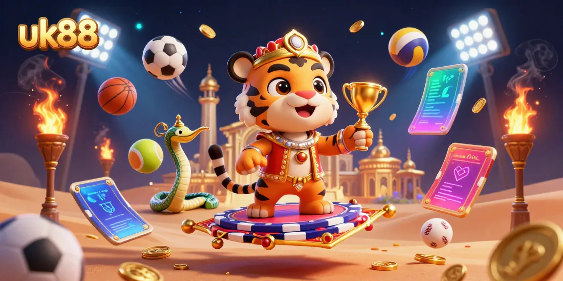 Experience the thrill of uk88 with a cartoon sultan on a poker chip carpet amidst dazzling gaming elements.