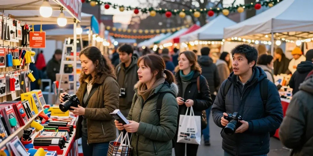 Compradores emocionados durante el Black Friday Beta, explorando un mercado lleno de herramientas y gadgets.