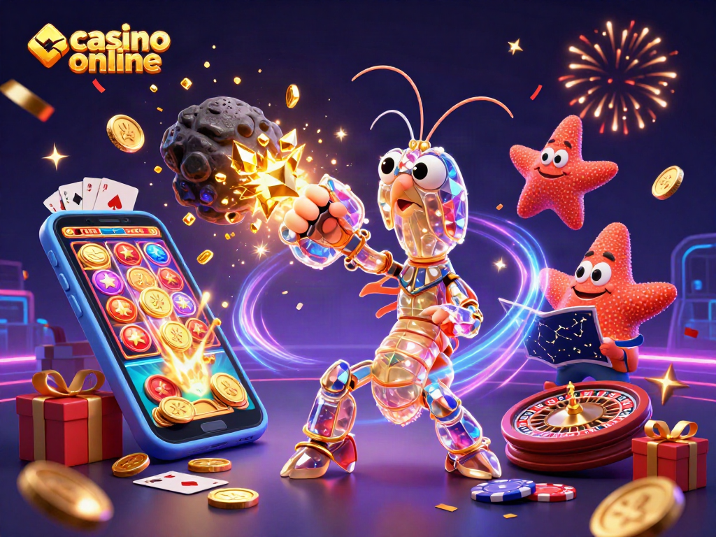 Disfruta la emoción de un casino online con tragamonedas y cartas en una ilustración vibrante y detallada.