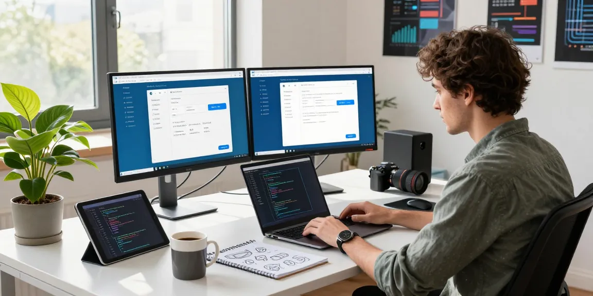Explore Telegram网页版 seamlessly on a modern workspace setup with dual monitors, coffee, and bright sunlight.