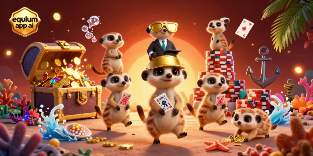 Engaging scene showcasing meerkats managing a casino while integrating the equlum app ai trading platform elements for an exciting gambling experience.