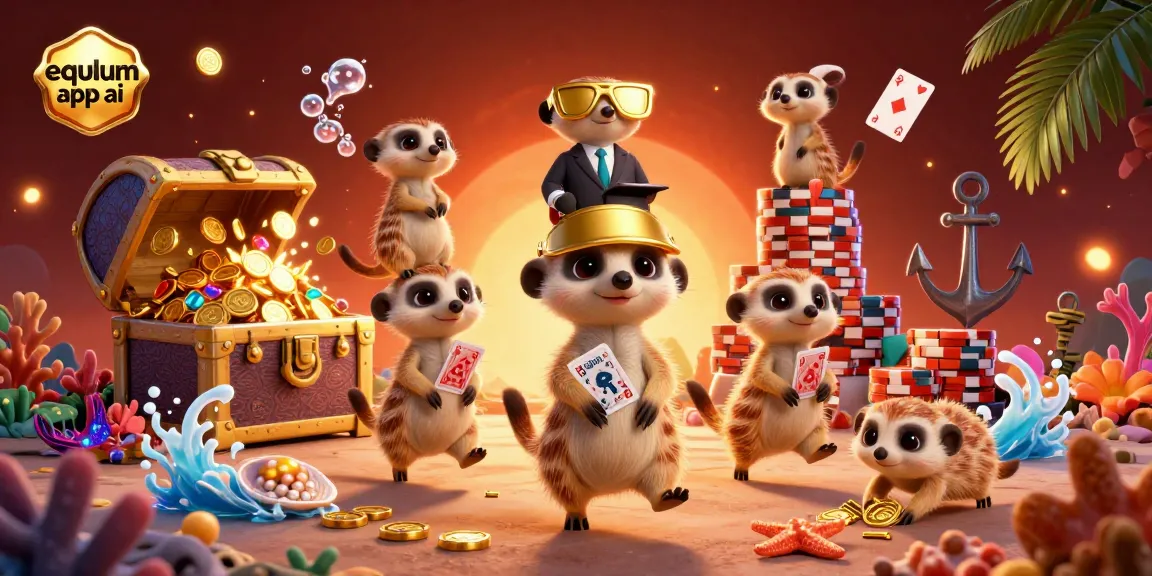 Engaging scene showcasing meerkats managing a casino while integrating the equlum app ai trading platform elements for an exciting gambling experience.