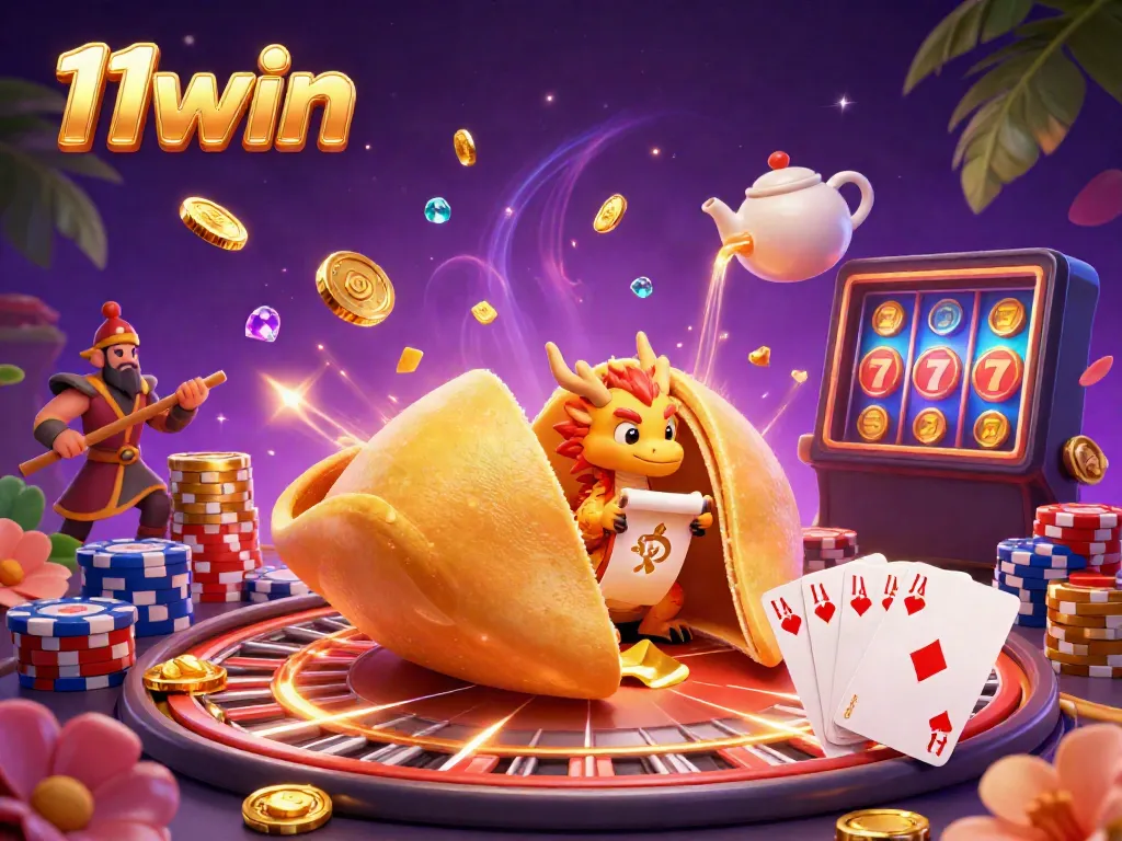 Experience thrilling casino excitement with 11win's vibrant illustration featuring gold coins, a wise dragon, and a roulette wheel.