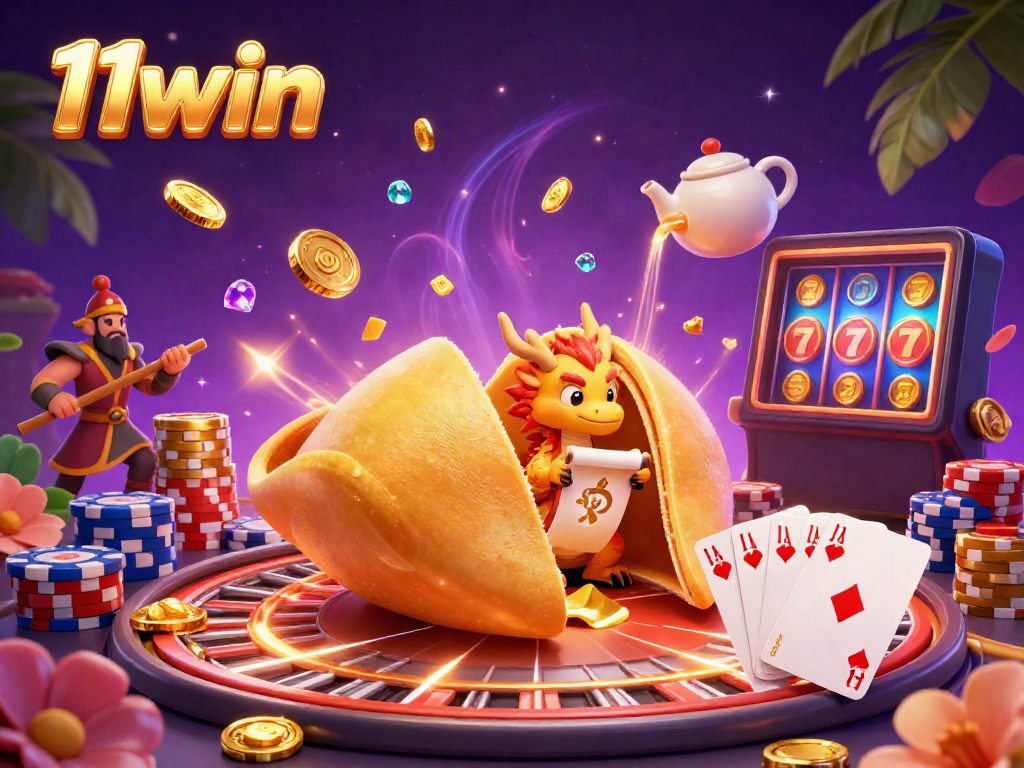 Experience thrilling casino excitement with 11win's vibrant illustration featuring gold coins, a wise dragon, and a roulette wheel.