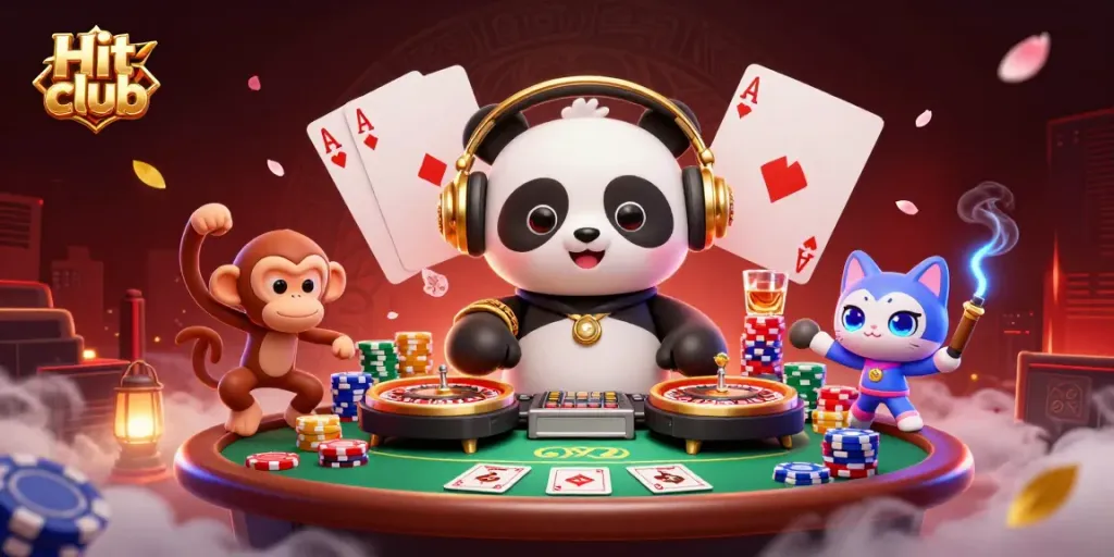 Engage in thrilling gameplay at Hit club with a vibrant, energetic casino scene featuring a DJ panda, dancing monkey, and rave kitten.
