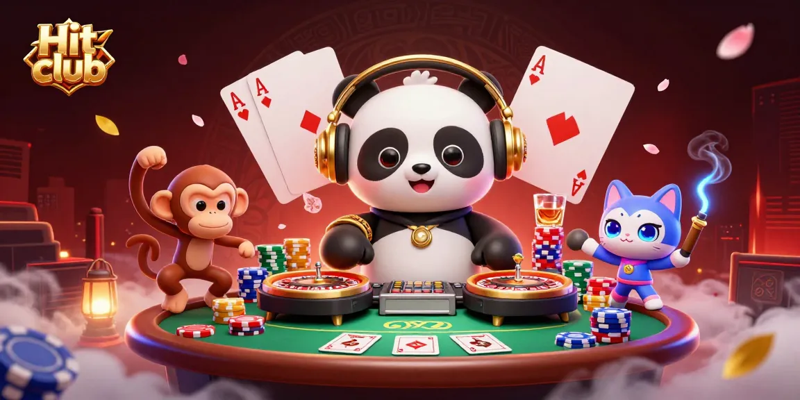 Engage in thrilling gameplay at Hit club with a vibrant, energetic casino scene featuring a DJ panda, dancing monkey, and rave kitten.