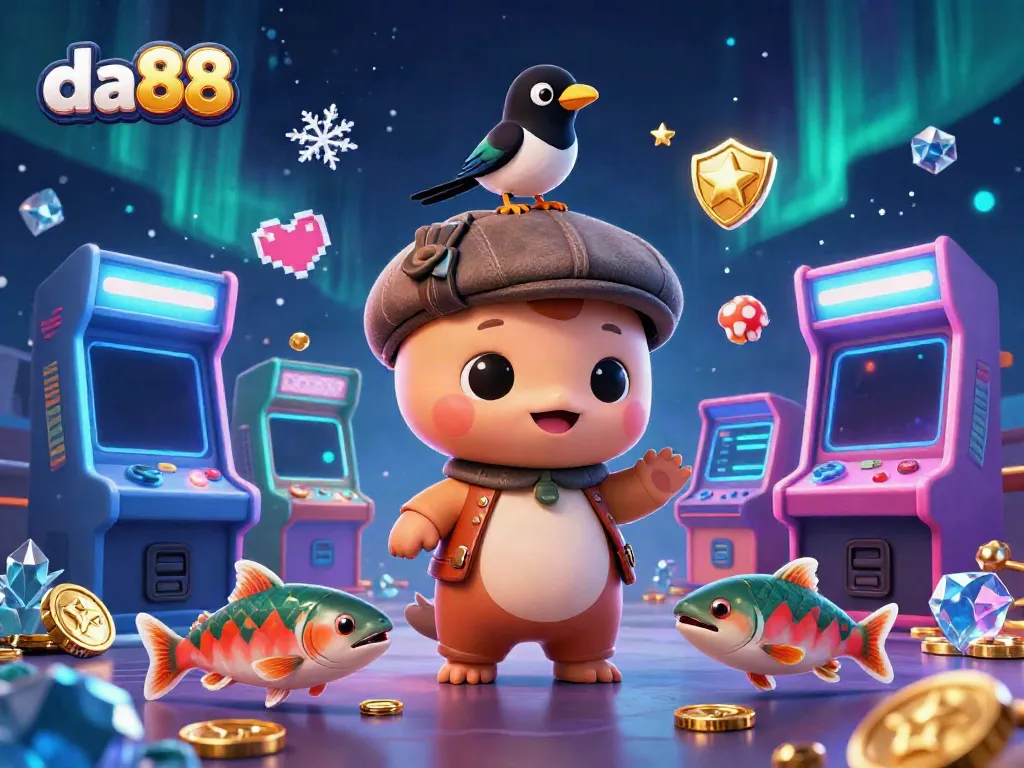 Experience the thrill of da88 with cartoon characters exploring vibrant gaming elements in an immersive scene.