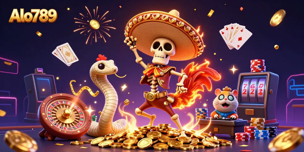 Alo789 celebrates with a mariachi rooster, mummy snake, and DJ hamster amidst golden coins and roulette excitement.
