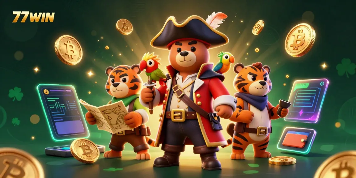 Experience the thrill of gaming with 77WIN, featuring vibrant characters in a dynamic casino scene.
