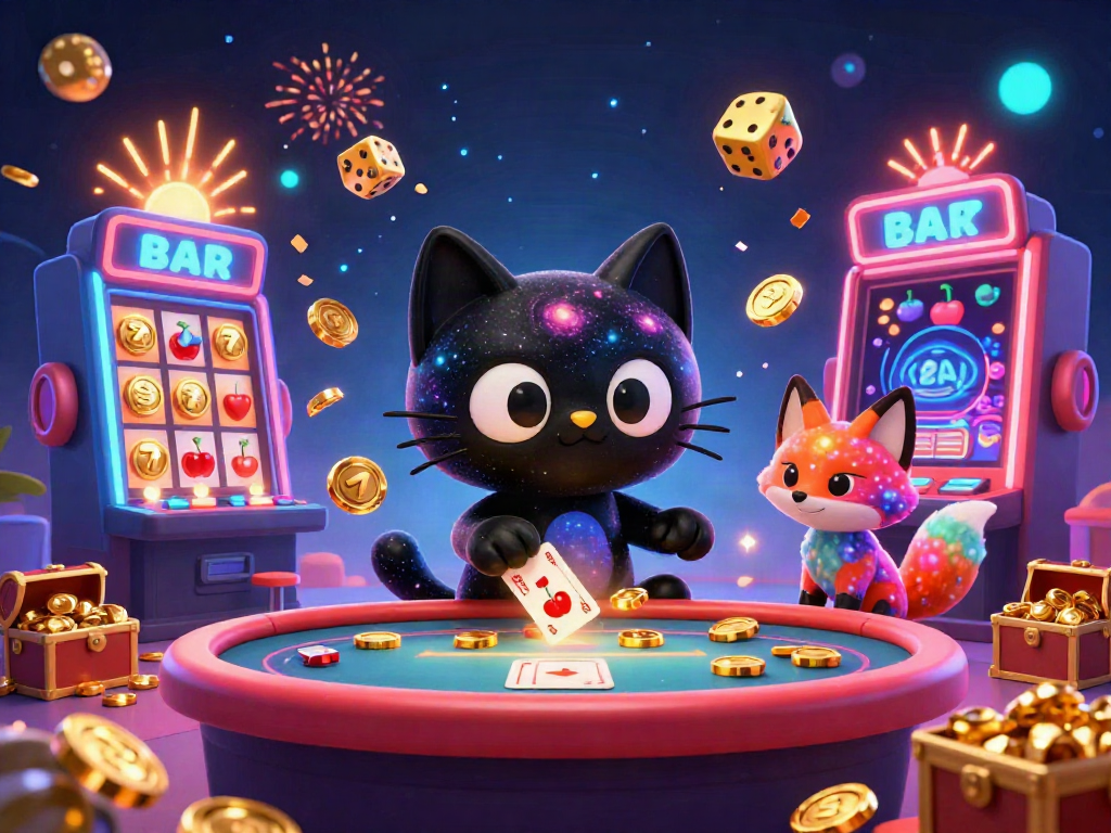 Experience the vibrant world of debet2868 with a cosmic casino illustration showcasing a black hole cat and nebula fox pulling in casino chips.