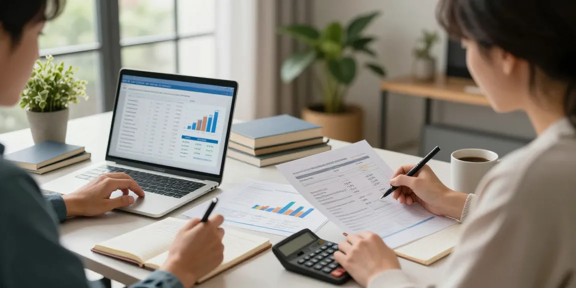 Couple calculating cuota hipoteca in modern home office, reviewing financial plans.