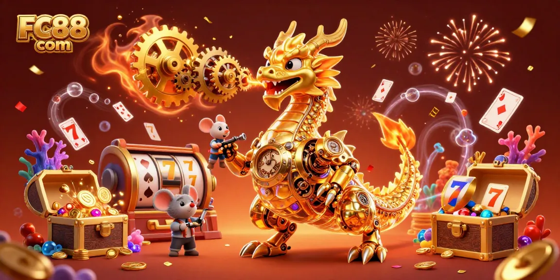 Experience gaming excitement with FC88 com—dynamic scene featuring a dragon, slot reels, and sparkling treasures.