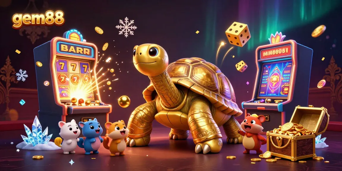 Join the fun at gem88 with a giant tortoise pinball machine as a centerpiece in a vibrant casino scene.