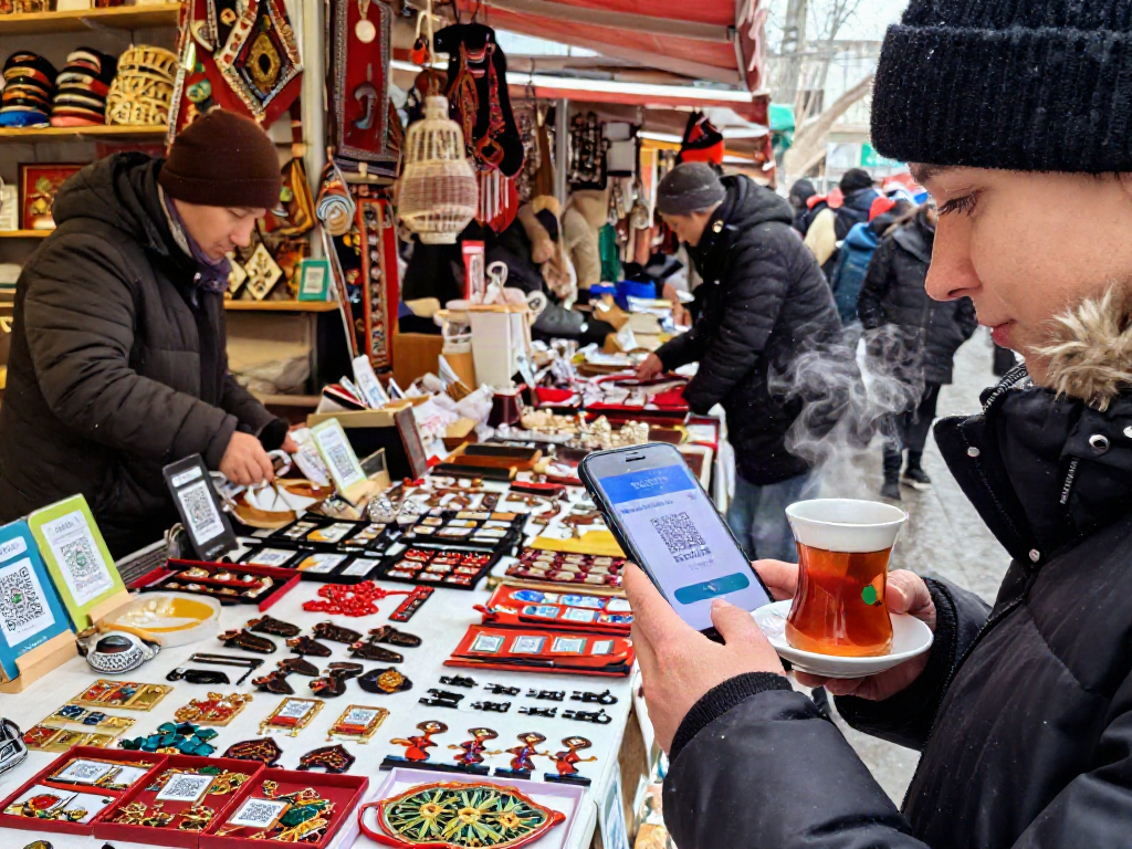 Un viajero usando https://payinrussia.com/ en un mercado ruso, mostrando pagos digitales y productos locales.
