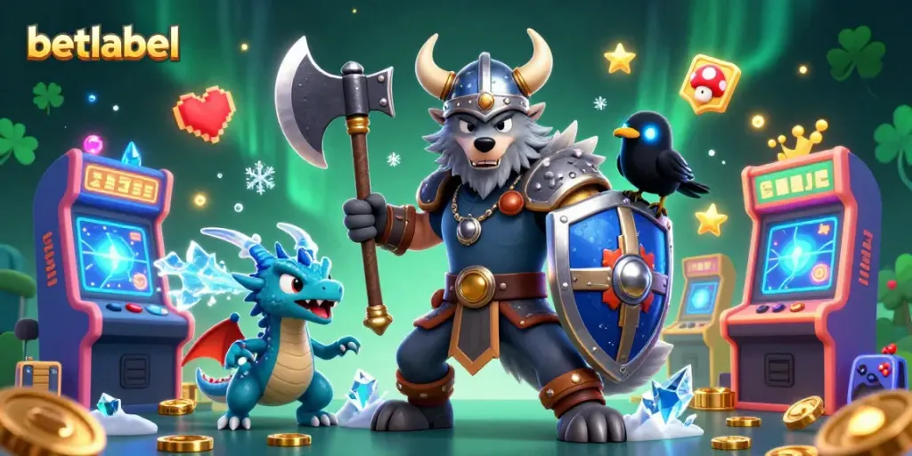 Betlabel showcases a vibrant 3D scene with a Viking warrior, dragon, and raven amidst arcade game elements.