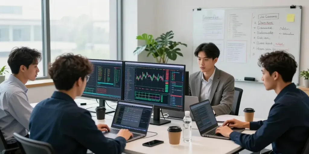 Equipo colaborando en Phuwerte Inwersowia, analizando mercados de criptomonedas y estrategias de trading.