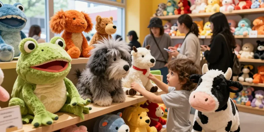 Variedad de peluches feos en una tienda de juguetes, resaltando su originalidad y encanto.