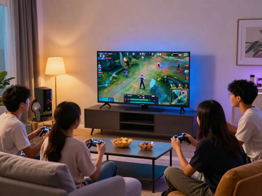 Friends enjoying a gaming session from https://man88.hair/ in a cozy living room.