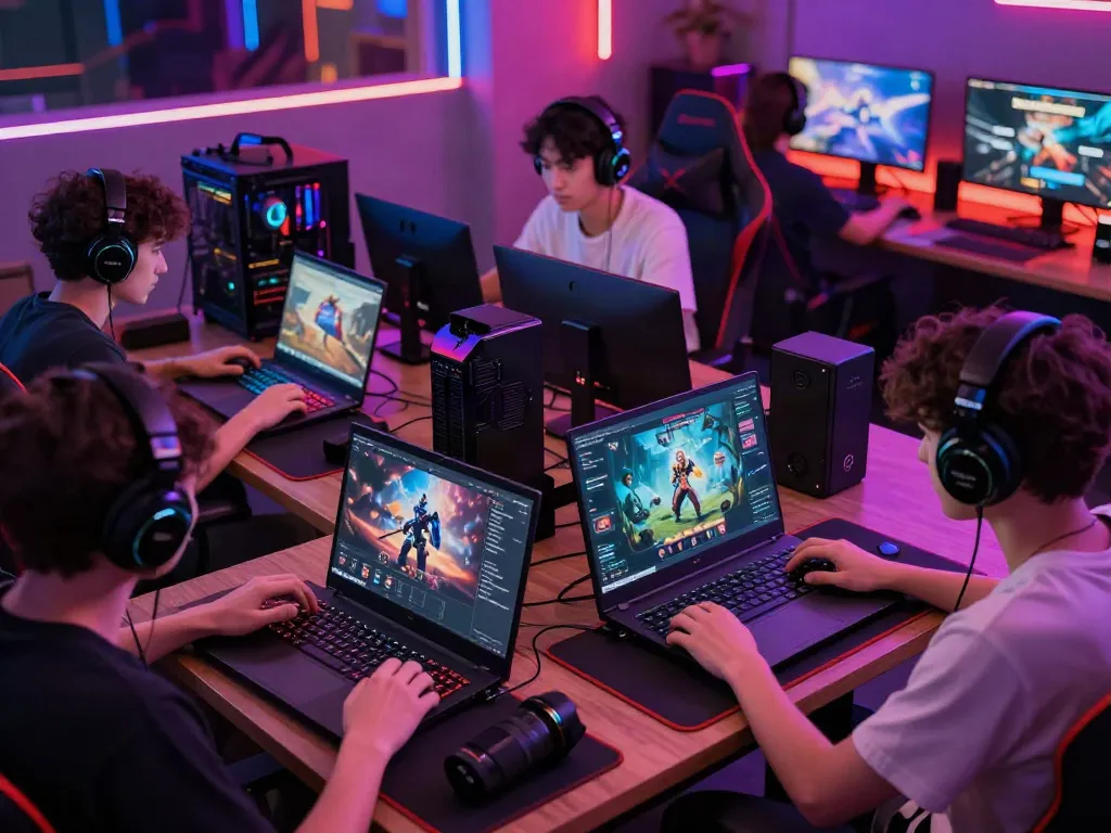 Nohuwin gaming experience on laptops and mobile devices in a vibrant atmosphere.