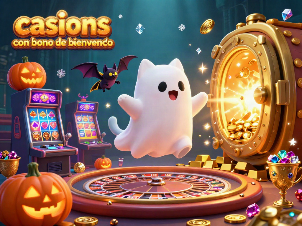 Promociona casinos con bono de bienvenida mientras juegas a tragamonedas y ruletas en un ambiente vibrante