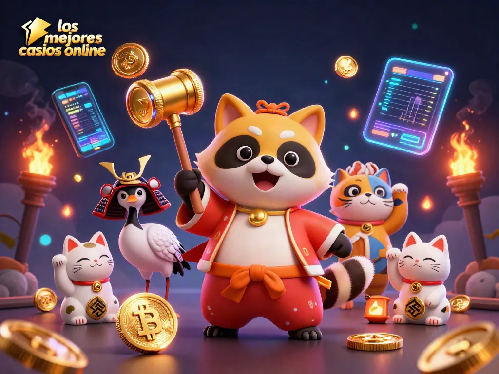 Disfruta los mejores casinos online con una ilustración animada de un tanuki y gatos de la suerte.