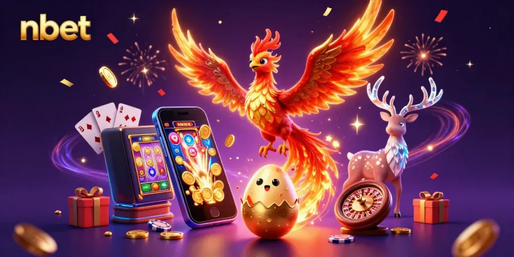 Experience the thrill of nbet with vibrant casino elements and enchanting characters in this dynamic digital illustration.