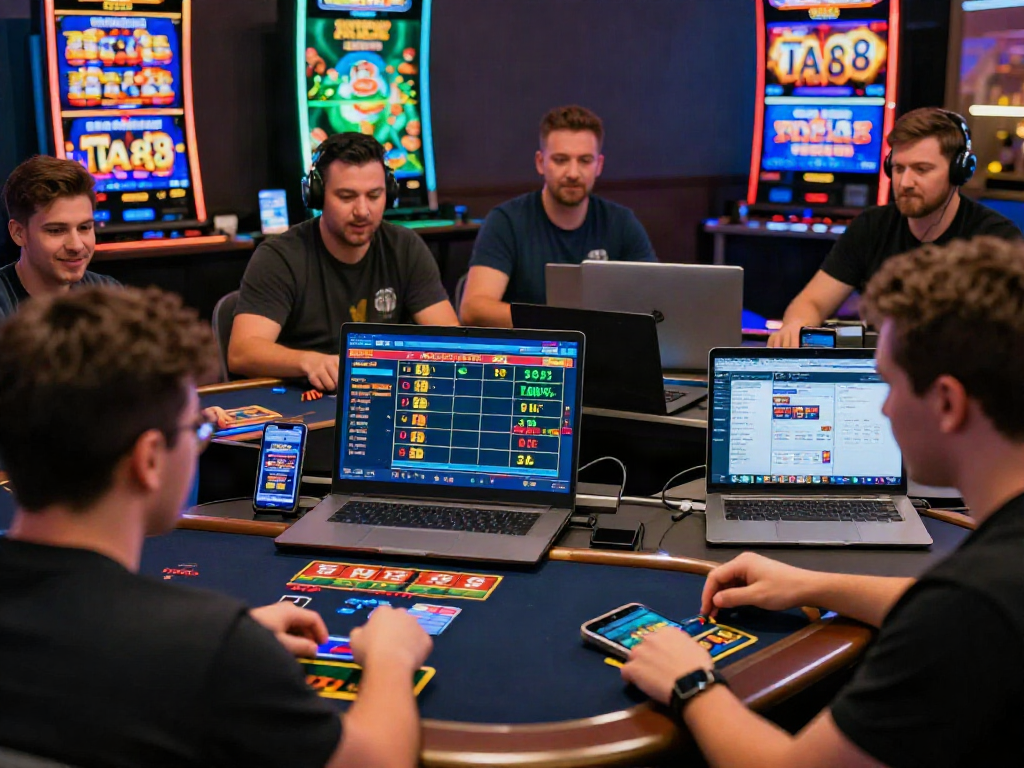 A vibrant online gambling scene displaying the engaging games available on https://ta88.network/ featuring excited players and dynamic interfaces.