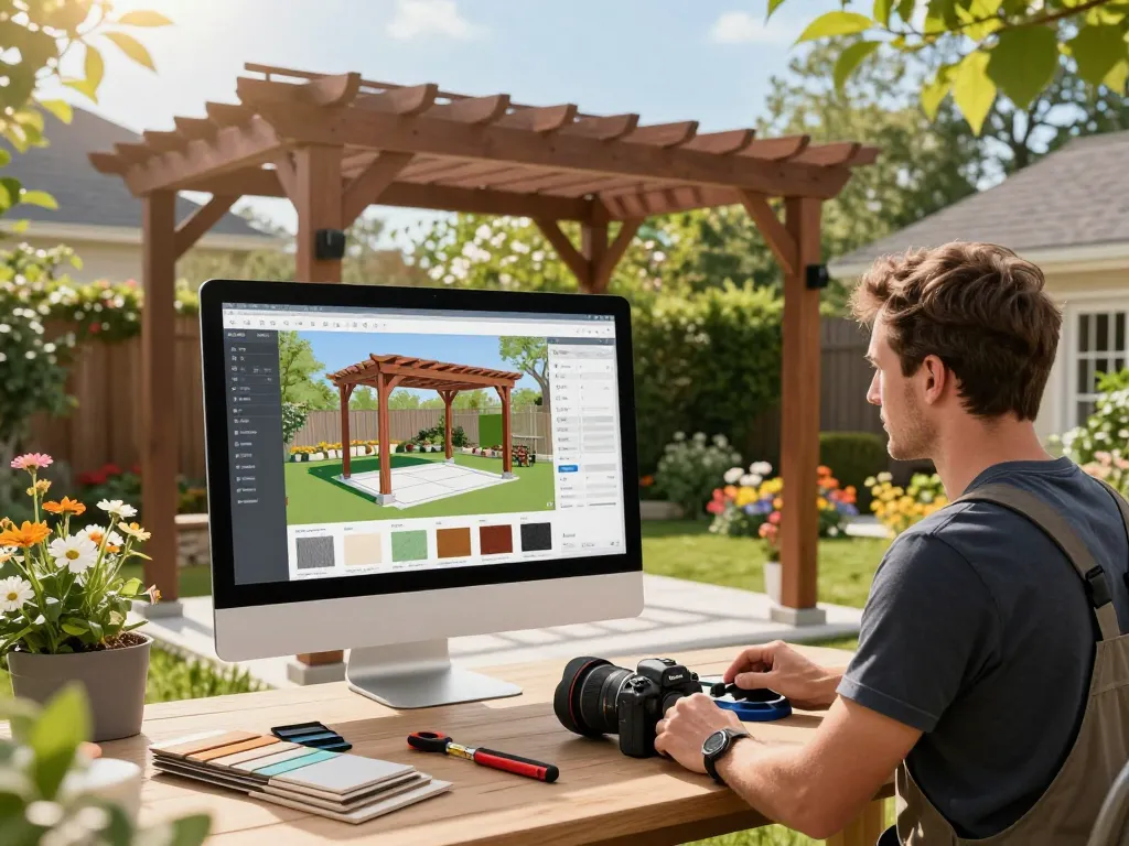 Escena de diseño interactivo que muestra software para instaladores de pérgolas, con un instalador personalizando una pérgola en 3D en un hermoso jardín.
