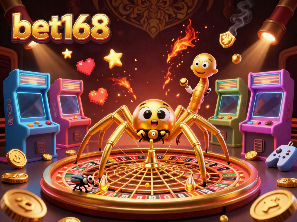 bet168's vibrant casino world comes to life with a golden spider and colorful game elements.