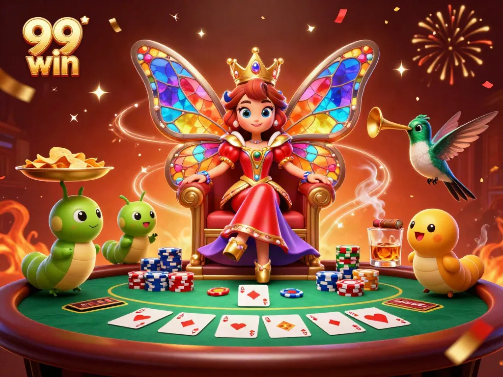 Engaging 3D scene of the 99 win butterfly queen surrounded by colorful poker elements.