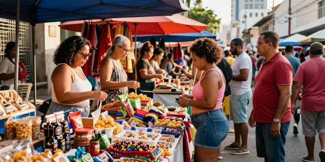 Mercado urbano vibrante con productos brasileños, compradores interactuando y productos artesanales.