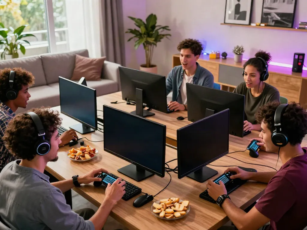 Excited friends gaming at home using https://nbet.group/ with vibrant decor and dynamic lighting.