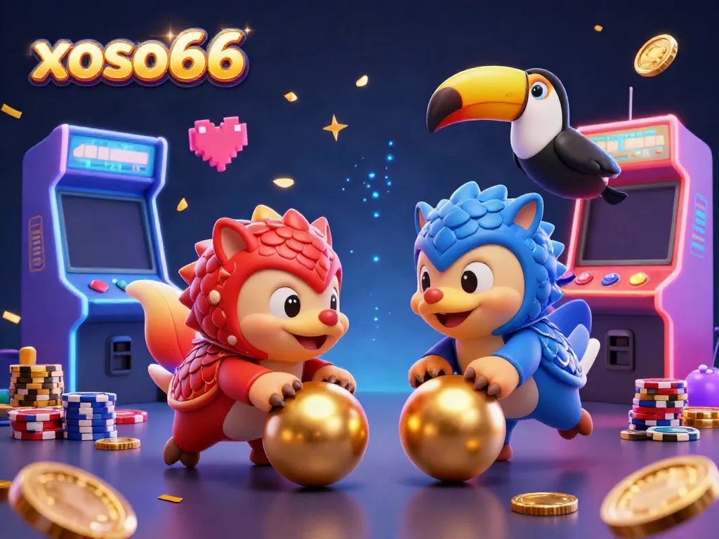 Engaging gameplay at xoso66 with rival pangolins rolling through poker chips in a vibrant arcade setting.
