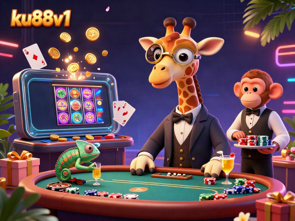 Experience the thrill of betting at ku88v1 with a vibrant casino scene featuring a giraffe high-roller and a lively atmosphere.