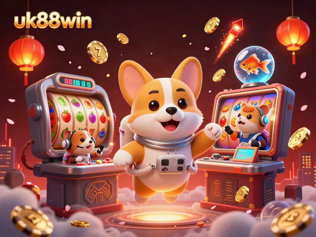 Experience the thrilling adventures of uk88win, as a playful corgi navigates a vibrant space casino.