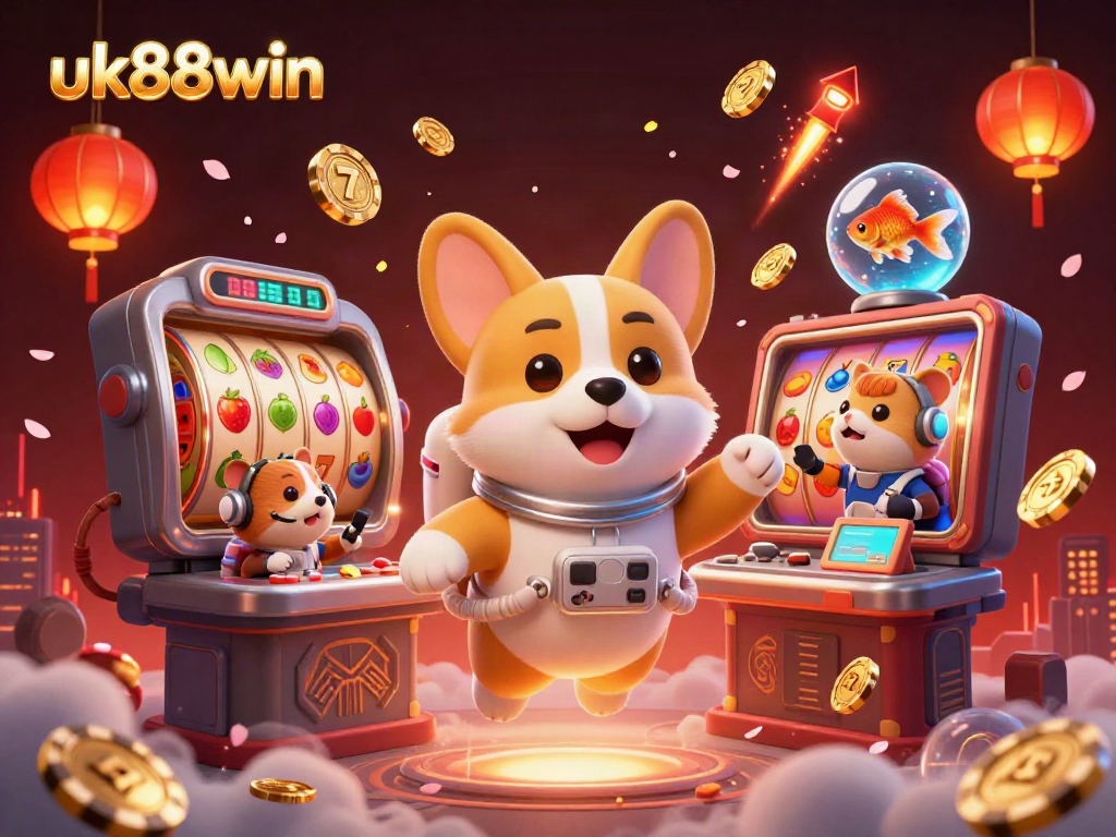 Experience the thrilling adventures of uk88win, as a playful corgi navigates a vibrant space casino.