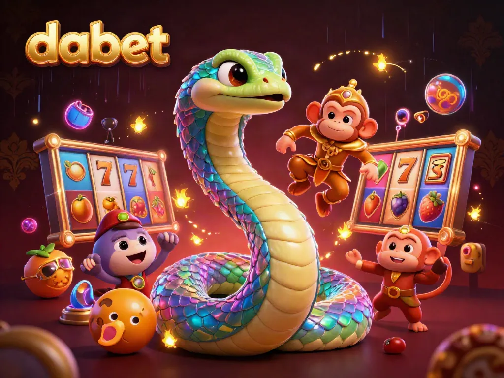 Dabet casino features a vibrant scene with a rainbow serpent and monkey king amidst slot machines and golden elements.