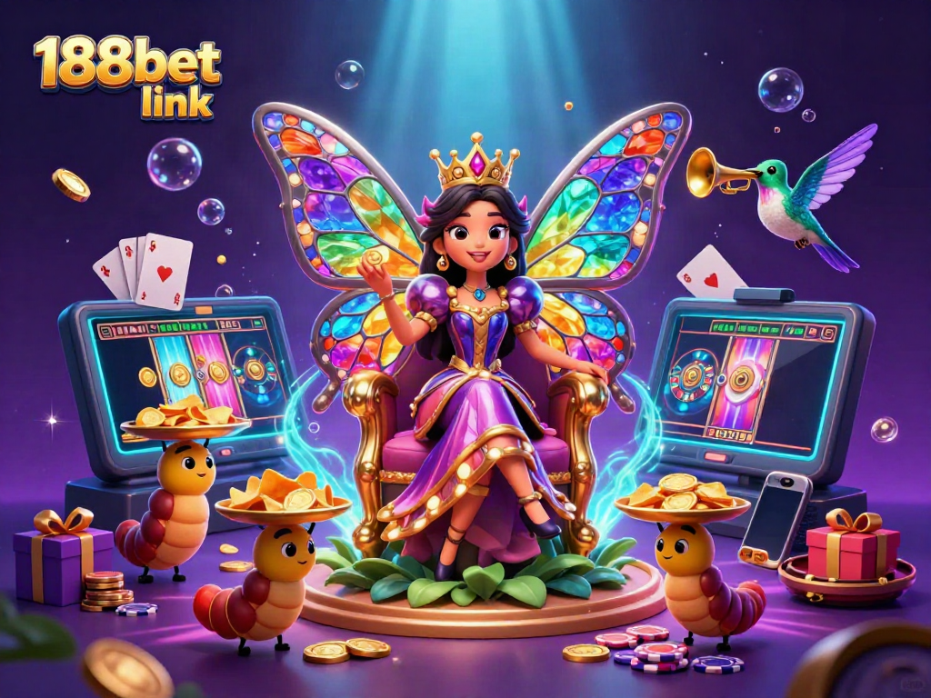 Engage with the vibrant 188bet link in an enchanting casino scene filled with colorful gaming elements.