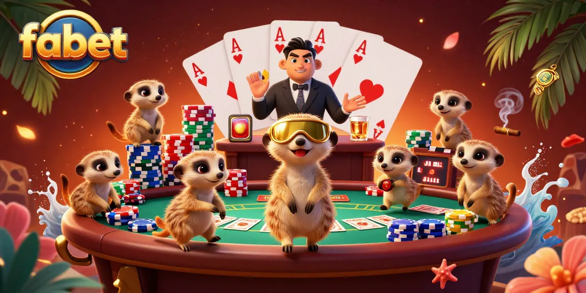 fabet meerkats managing an adventurous casino with colorful poker elements and vibrant atmosphere