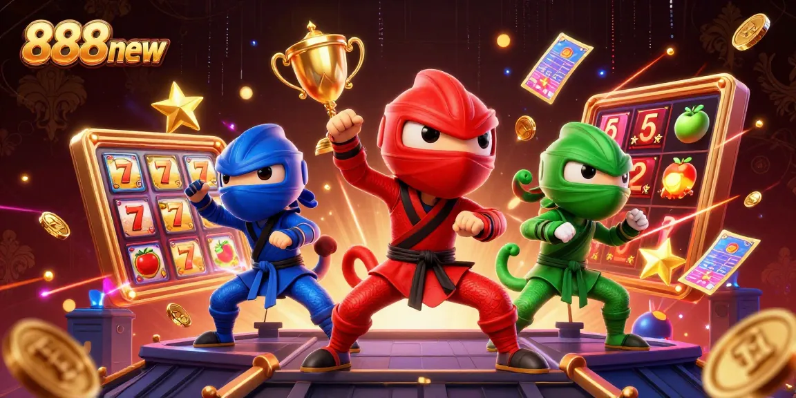Experience thrilling gameplay with 888new's ninja chameleons amid vibrant slot scenes and dynamic actions.