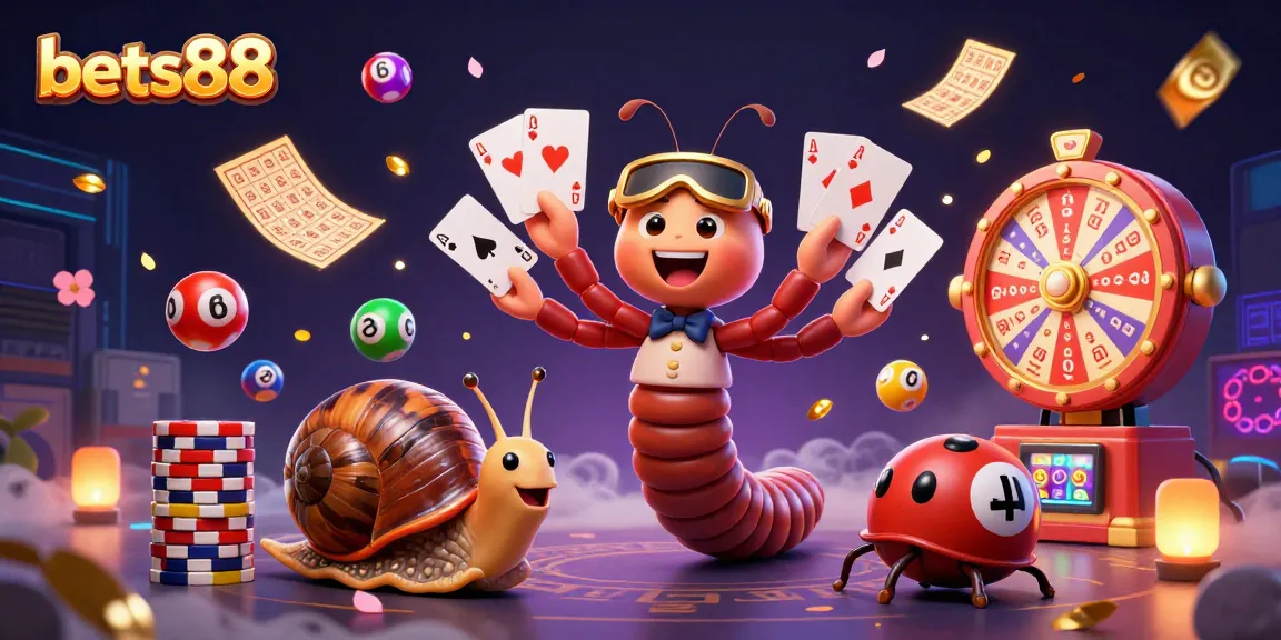 Bets88 invites players to experience thrilling games with vibrant characters and dynamic lottery elements in this casino-themed illustration.