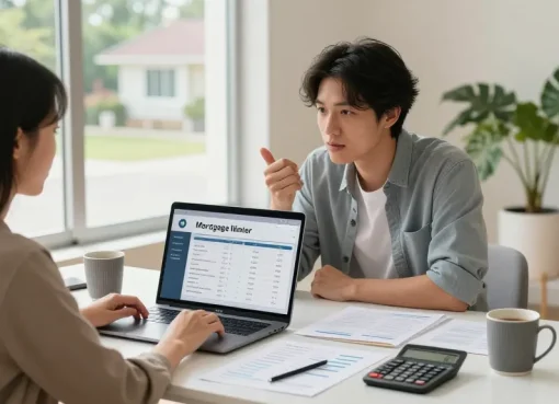 Couple using buscador hipotecas to find best mortgage options at home office.