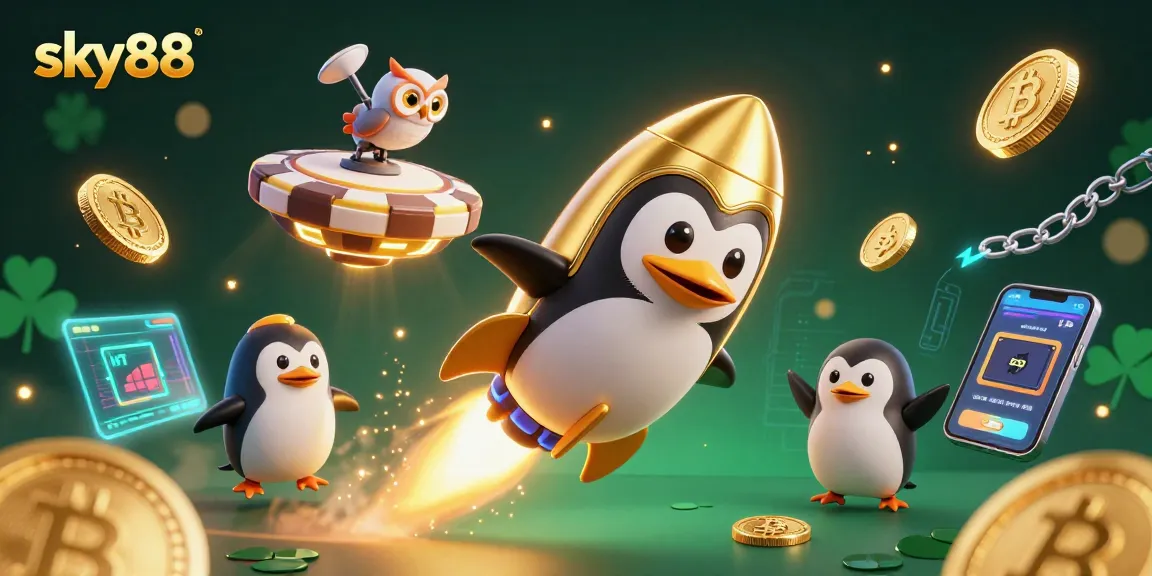Sky88 sparks excitement as a golden penguin soars towards a casino in a vibrant cosmic scene.