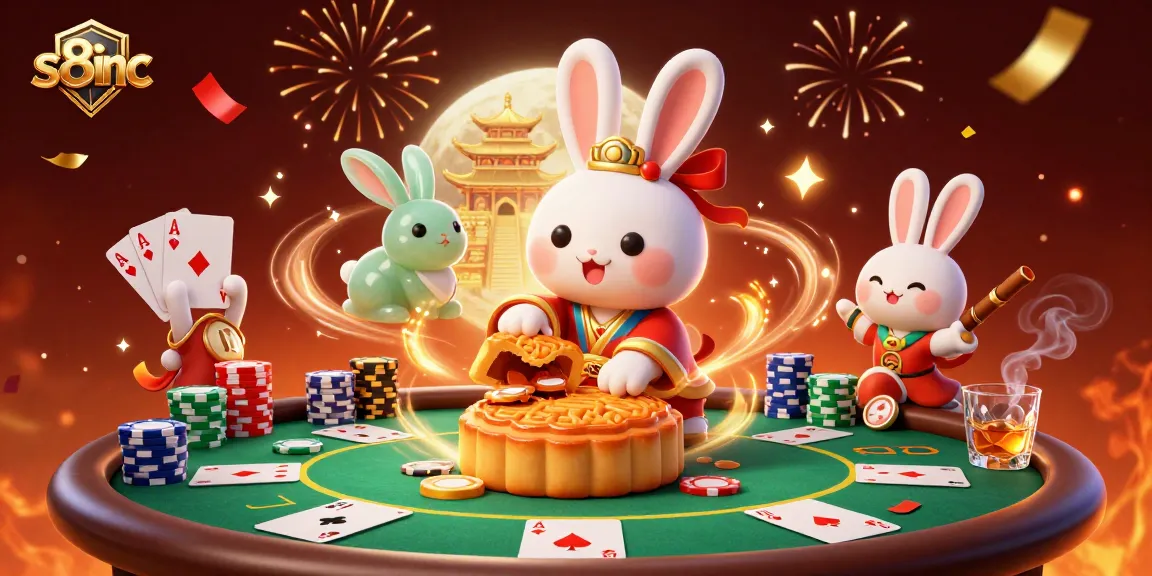S8inc brings excitement with a vibrant 3D illustration showcasing a moon rabbit and poker elements in a festive scene.