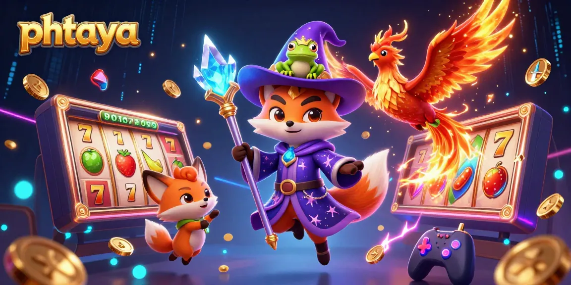 Spin and win at phtaya with a lively wizard fox and phoenix amidst colorful slots.