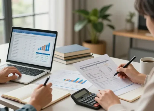 Couple calculating cuota hipoteca in modern home office, reviewing financial plans.
