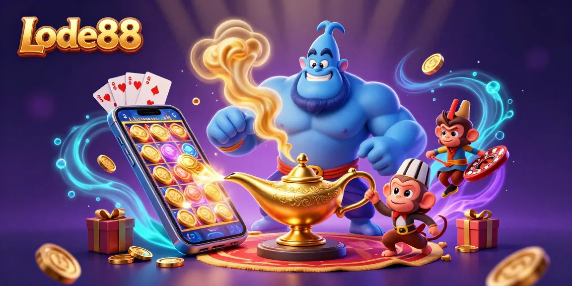 Lode88 brings excitement with a genie, monkey, and magic carpet in a vibrant casino scene.