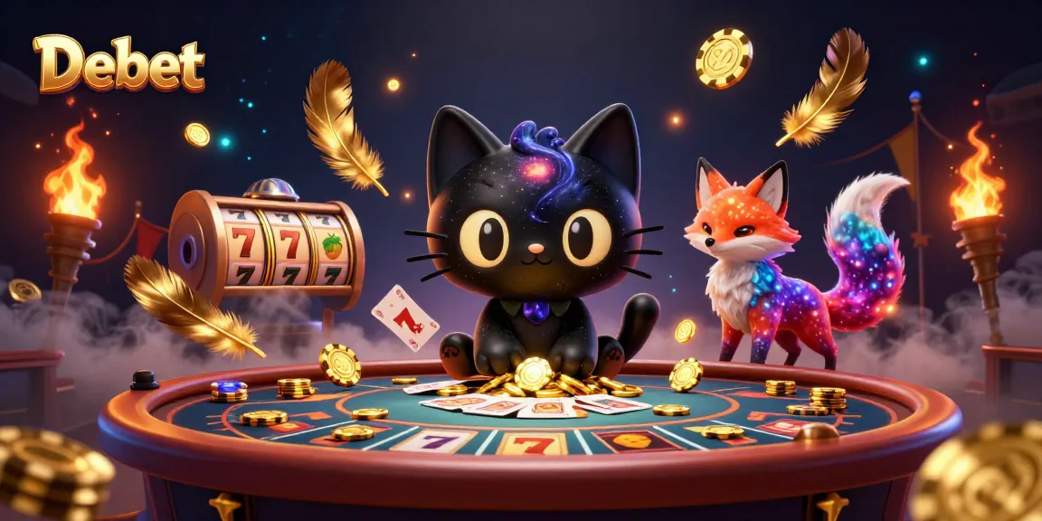 Experience thrill with Debet at a cosmic casino table with animated characters and golden chips.
